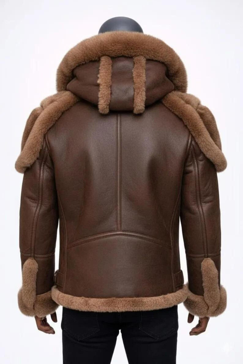 Brown hooded shearling jacket showing fur shoulder panels and wide collar