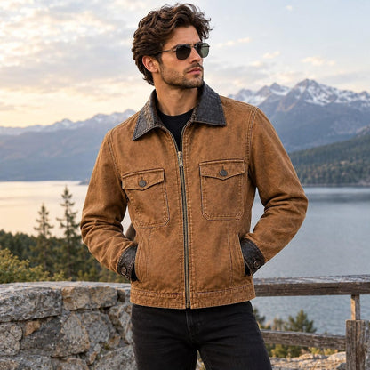 Men's brown leather trucker jacket with black contrast collar