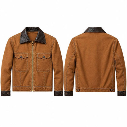 Brown leather workwear jacket for men with button-flap chest pockets