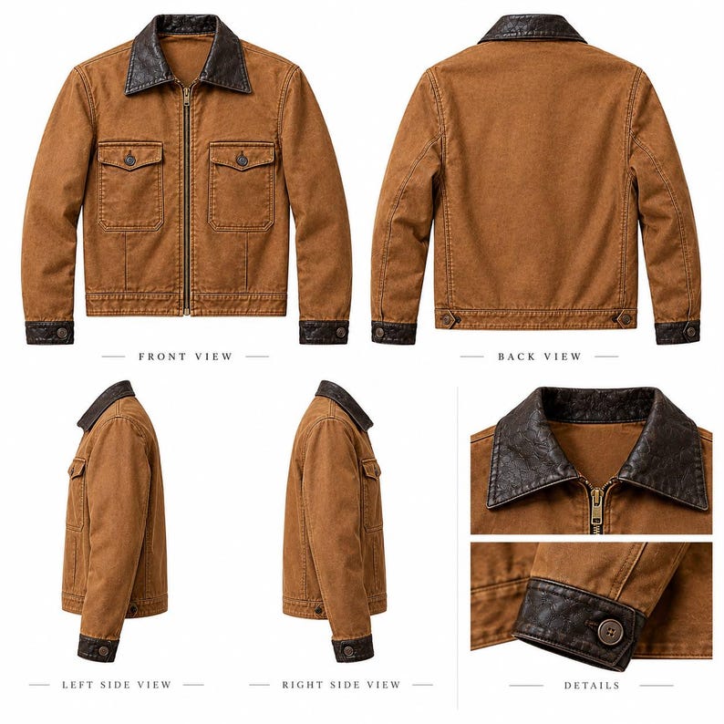 Brown leather trucker jacket panel stitching and structured silhouette
