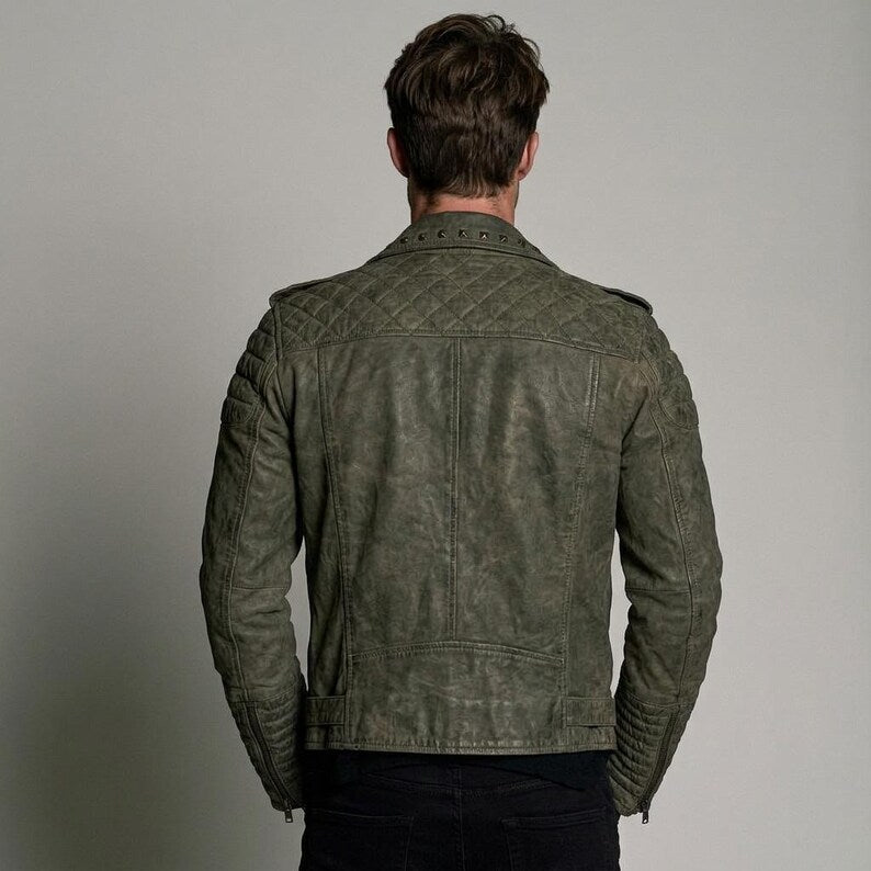 Olive green studded sheepskin biker jacket with asymmetrical zipper