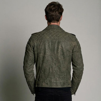Olive green studded sheepskin biker jacket with asymmetrical zipper