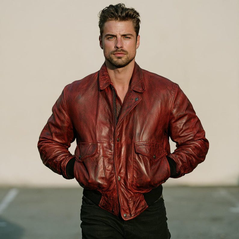 Men's red leather bomber jacket in distressed sheepskin with fold-over collar
