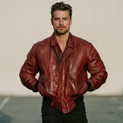 Men's red leather bomber jacket in distressed sheepskin with fold-over collar