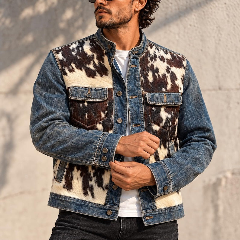 Men's denim and leather jacket with hair-on cowhide front panels