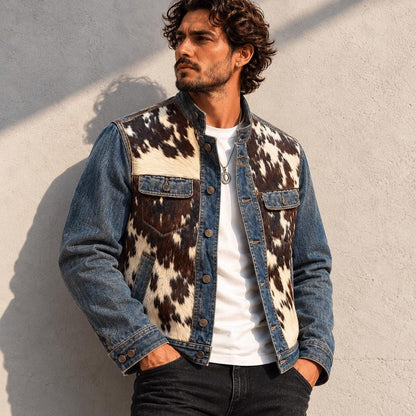 Western cowhide and blue denim jacket for men with button front