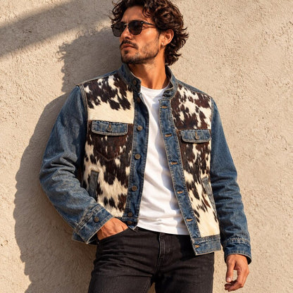Cowhide and denim western jacket with buttoned cuffs and denim hem