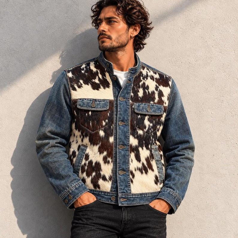 Men's country style denim jacket with natural hair-on leather markings