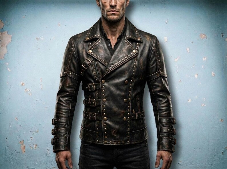 Man wearing black gothic studded leather jacket