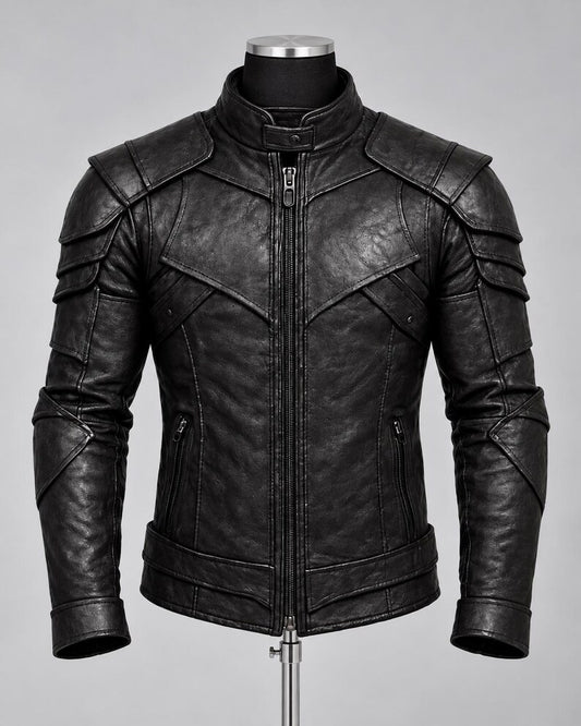 Black dark fantasy jacket with armored shoulder detailing