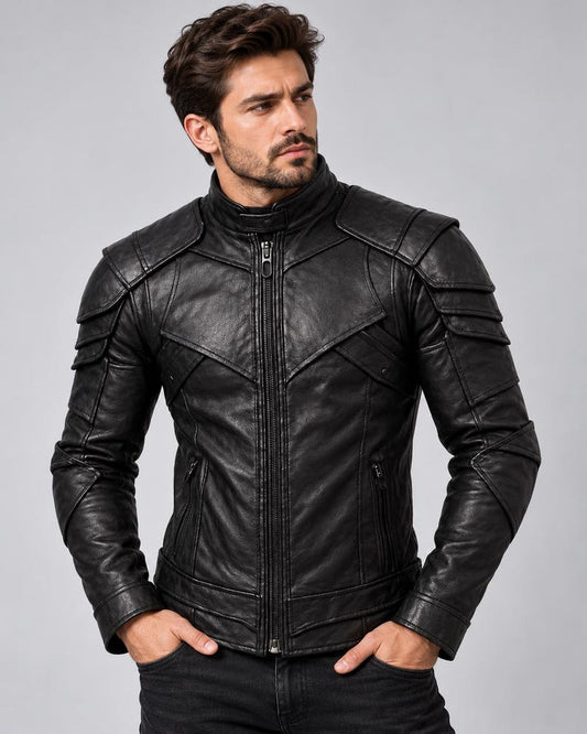 Men's black gothic armored leather biker jacket with stand collar