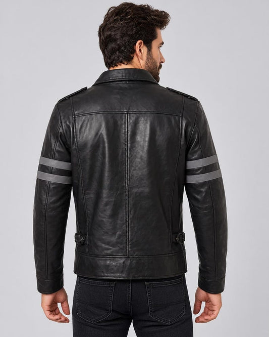 Black cosplay biker jacket with utility pockets and shoulder straps