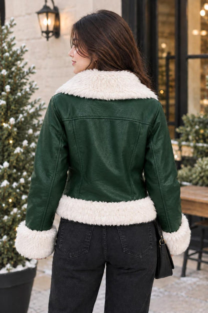 Cropped blue cold weather leather coat with fur collar