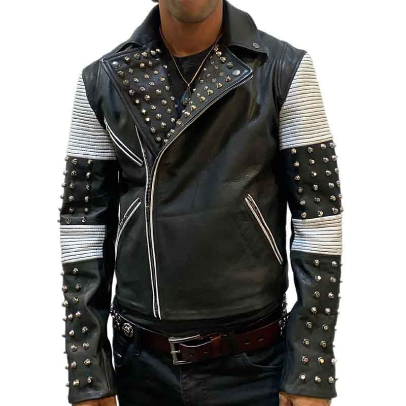 Avanzar Men's Black & White Studded Leather Jacket
