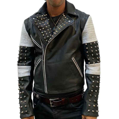 Avanzar Men's Black & White Studded Leather Jacket