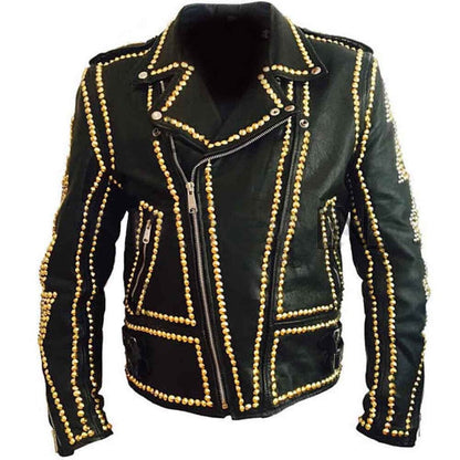 Avanzar Men's Black Punk Spiked Leather Jacket – Gold Studded Edition