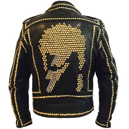 Avanzar Men's Black Punk Spiked Leather Jacket – Gold Studded Edition