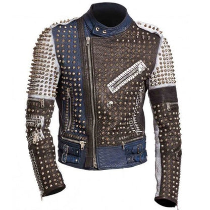 Avanzar Leather Men’s Golden Studded Moto Jacket – Multicolor Edge