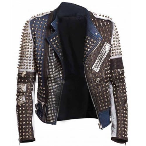 Avanzar Leather Men’s Golden Studded Moto Jacket – Multicolor Edge