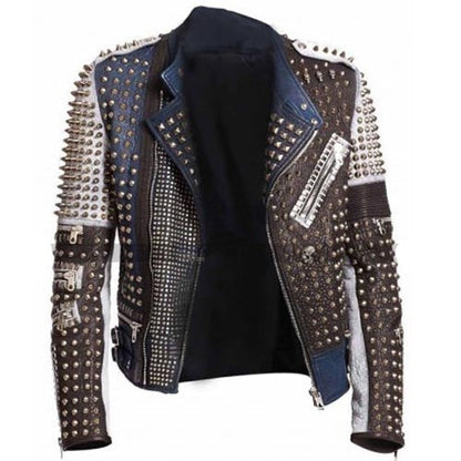 Avanzar Leather Men’s Golden Studded Moto Jacket – Multicolor Edge