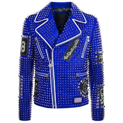 Avanzar Leather Men’s Blue Spiked Patchwork Moto Jacket