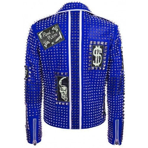 Avanzar Leather Men’s Blue Spiked Patchwork Moto Jacket