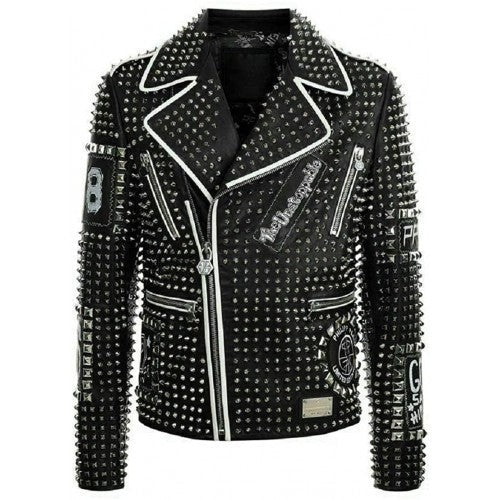 Avanzar Leather Men’s Black Studded Punk Patch Jacket – Brando Edition