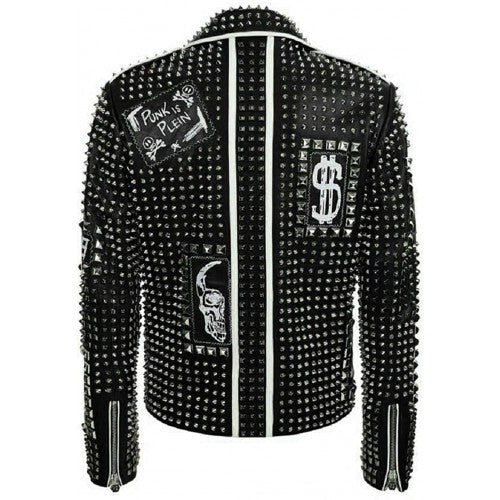 Avanzar Leather Men’s Black Studded Punk Patch Jacket – Brando Edition