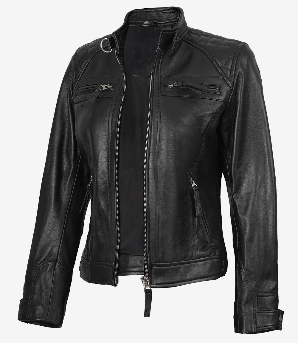 Avanzar Leather Women’s Black Quilted Café Racer Jacket