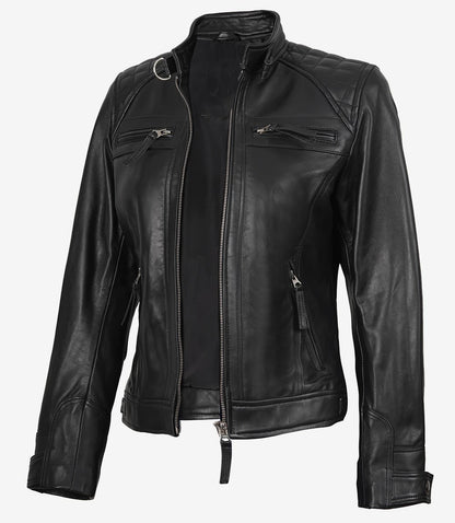 Avanzar Leather Women’s Black Quilted Café Racer Jacket