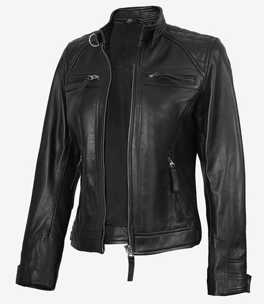 Avanzar Leather Women’s Black Quilted Café Racer Jacket