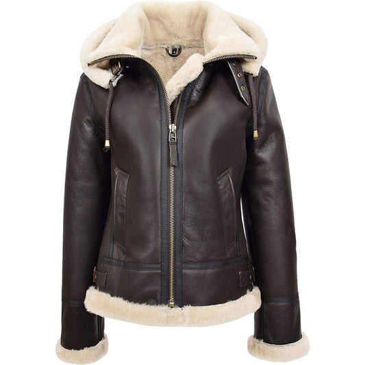 Women’s Shearling Aviator B3 Hooded Jacket – Brown | Avanzar Leather