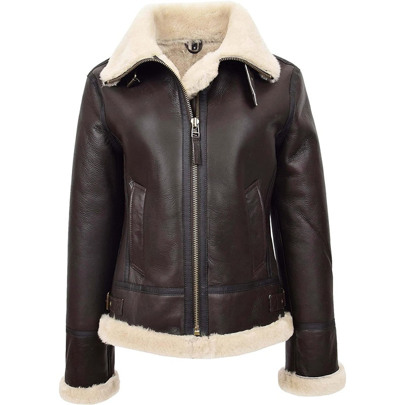Women’s Shearling Aviator B3 Hooded Jacket – Brown | Avanzar Leather