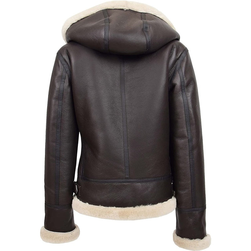 Women’s Shearling Aviator B3 Hooded Jacket – Brown | Avanzar Leather