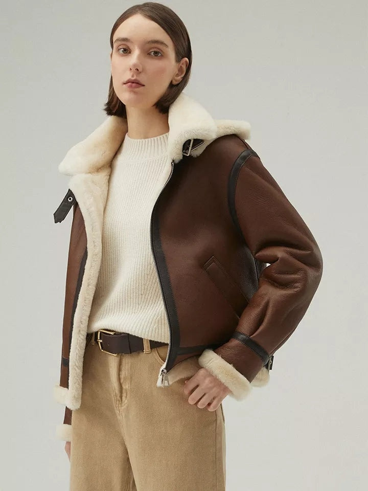 Women’s Chocolate Shearling Leather Hooded Jacket | Avanzar Leather