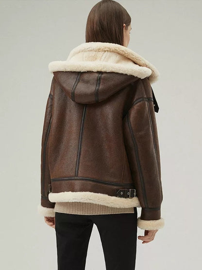 Women’s Brown Shearling Leather Coat with Removable Hood | Avanzar Leather
