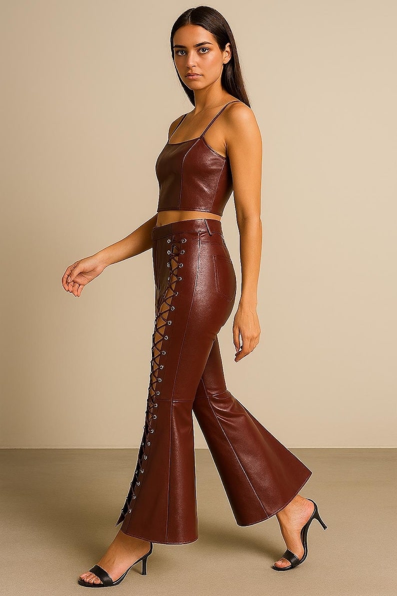 Women’s Burgundy Leather Lace-Up Flared Pants