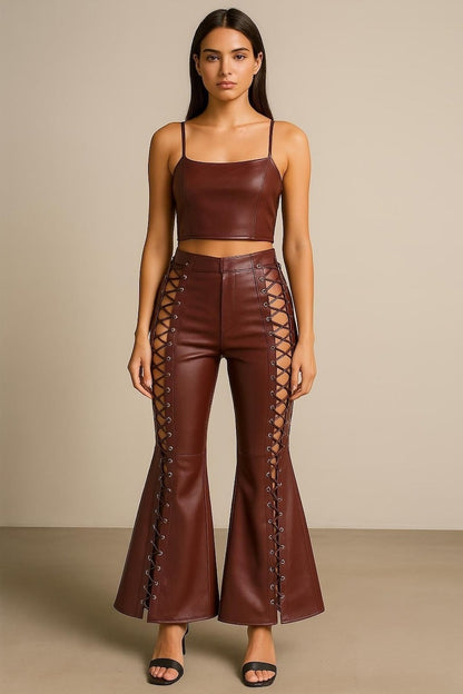 Women’s Burgundy Leather Lace-Up Flared Pants