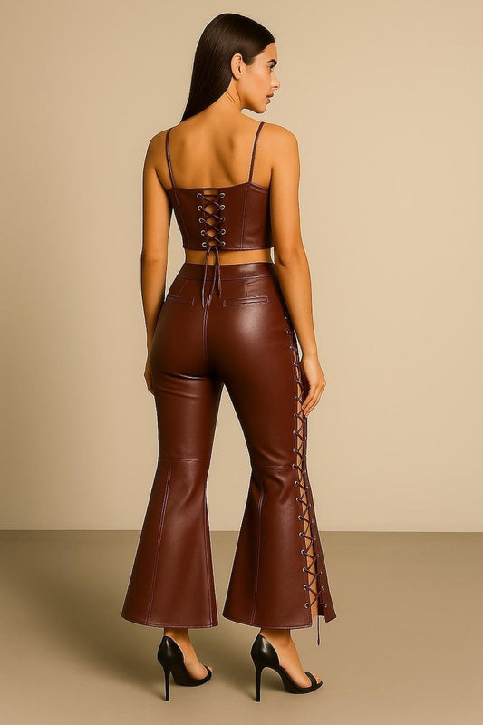 Women’s Burgundy Leather Lace-Up Flared Pants