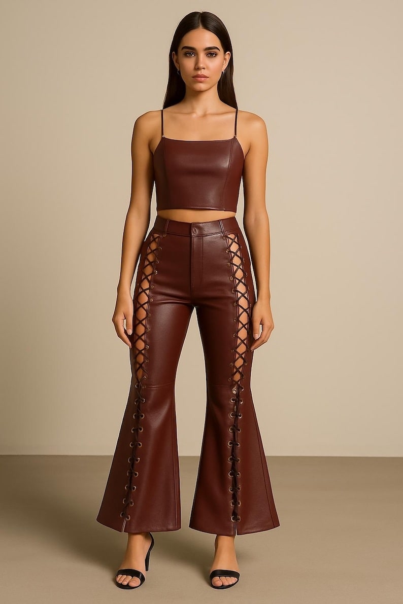 Women’s Burgundy Leather Lace-Up Flared Pants