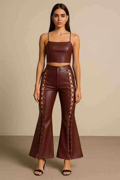 Women’s Burgundy Leather Lace-Up Flared Pants