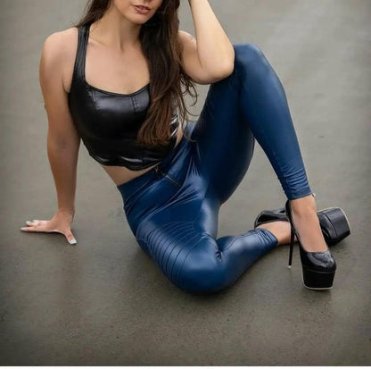 Women’s Blue High-Waist Genuine Leather Biker Pants