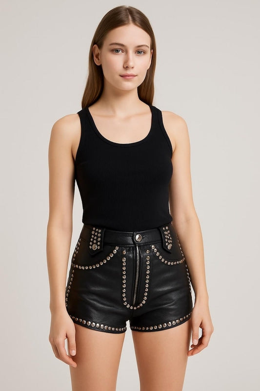 Women’s Handmade Studded High-Waist Leather Shorts