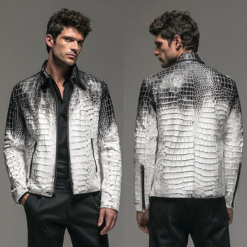 Luxury Crocodile Leather Jacket: Black & White Ombre, Men's Exotic Outerwear