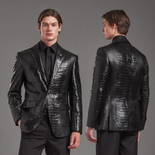 Black Crocodile Embossed Leather Blazer Slim Fit