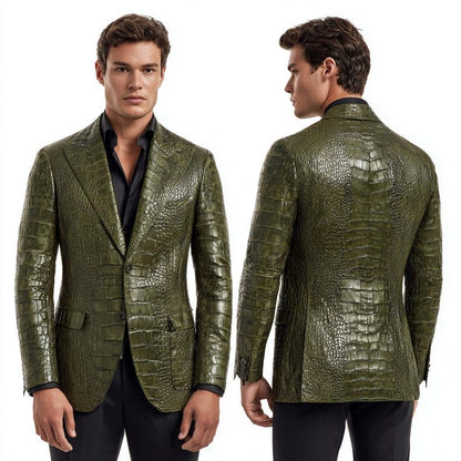 Black Crocodile Embossed Leather Blazer Slim Fit