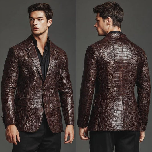 Black Crocodile Embossed Leather Blazer Slim Fit