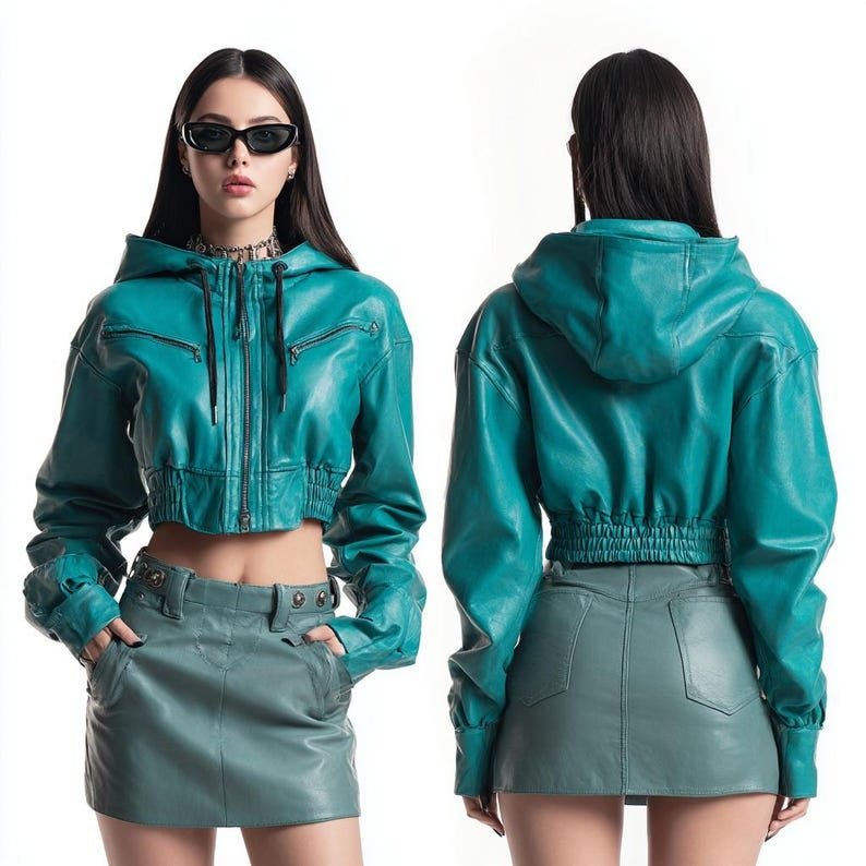 Teal Cropped Leather Jacket with Hood and Mini Skirt Set for Women