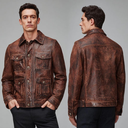 Men’s Distressed Brown Leather Jacket Vintage Button Up