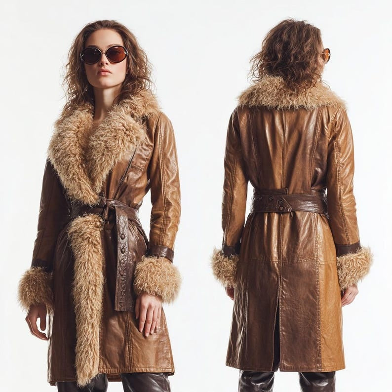 Women’s Brown Shearling Leather Coat with Belt and Fur Collar